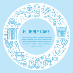 Wall Mural - Modern vector line icon of senior and elderly care. Medical poster template with illustration of old people, wheelchair, leisure, hospital call button, doctor. Linear banner for nursing home