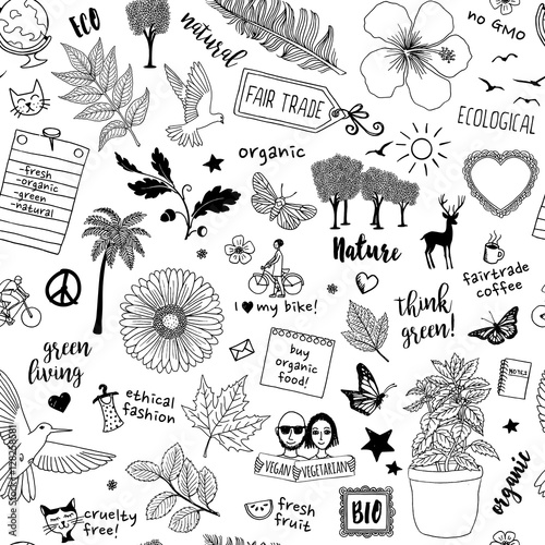 Fotografie, Obraz Seamless doodle pattern with diverse elements representing a green, organic, eth