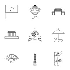 Sticker - Vietnam icons set. Outline illustration of 9 Vietnam vector icons for web