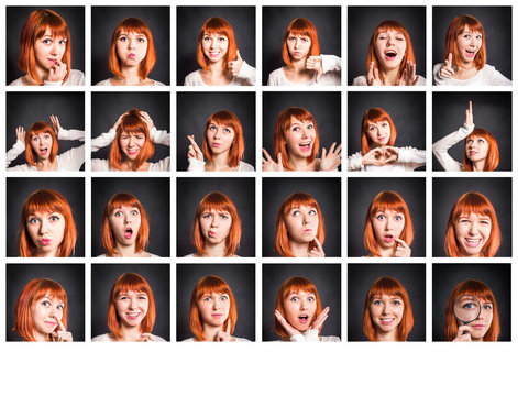 young woman showing several expressions on black background.