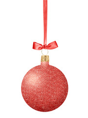 Red Glitter Christmas decor ball with bow on ribbon isolated on