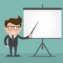 Businessman Pointing At A Board - Vector Illustration