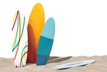 Colorful Summer Surfboards On The Sand Sunny Beach. 3d Rendering