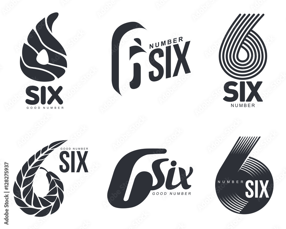 Set of black and white number six logo templates, vector illustrations isolated on white background. Black and white graphic number six logo templates - technical, organic, abstract - obrazy, fototapety, plakaty 