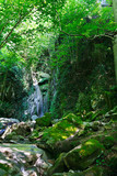 Fototapeta Perspektywa 3d - Beautiful refreshing waterfall in the fairy forest among the gorge