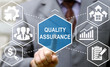 © wladimir1804 - Businessman presses quality assurance word icon. Business concept QUALITY ASSURANCE. Performance, insurance, improvement, guarantee, service. Netwok, building, chart, plan, team, search, modernization