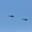 Two russian military jet planes Su-30 in sky
