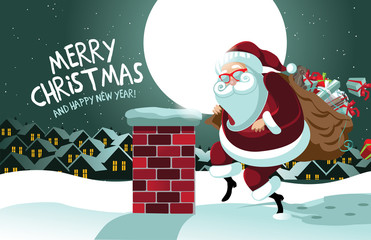 Cartoon Claus sneakily delivering gifts up on the rooftop. EPS 10 vector.