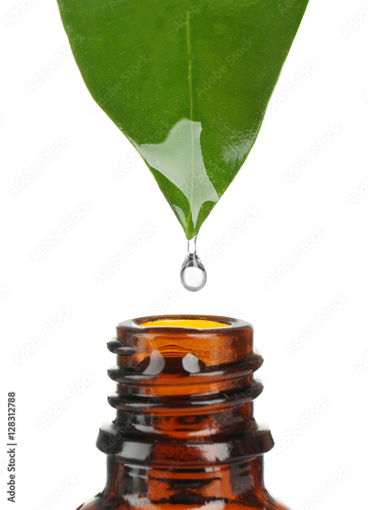 Essential oil dropping from green leaf into amber glass bottle isolated on white