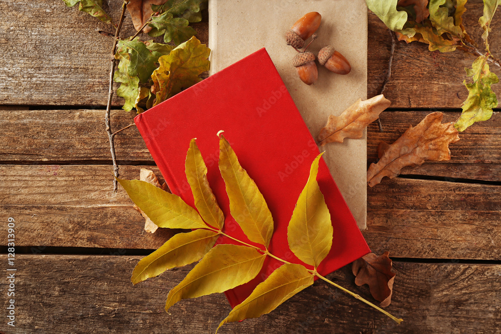 Beautiful composition with books and dried leaves on wooden background