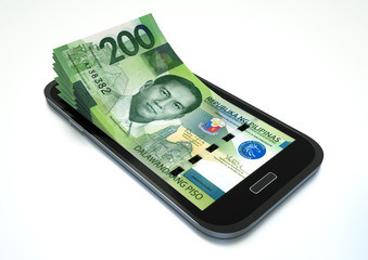 3d rendered mobile phone with philippines money coming out of it isolated