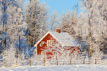 Wall Mural - Red cottage in winter forest with frost and snow