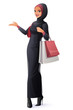 Vector beautiful Muslim woman in hijab standing with shopping bags.