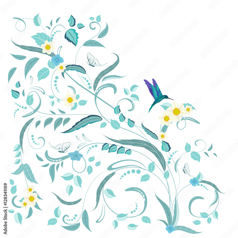 wektorowa-niebieska-ilustracja-kwiatow-ptakow-i-motyli-na-bialym-tle-kwiatowy-ornament