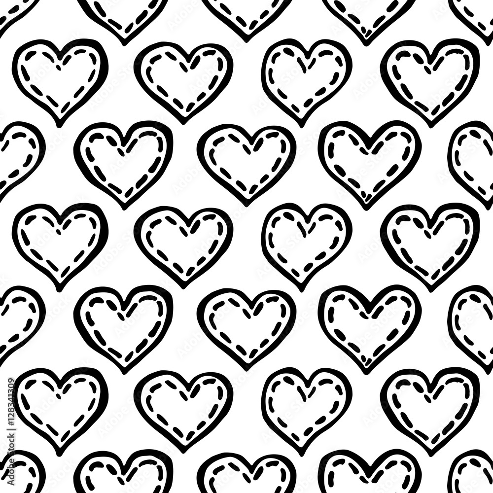Black and white seamless pattern vector Heart with a dotted line ...