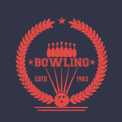 Wall Mural - Bowling vintage logo, sign with wreath, badge with ball and pins