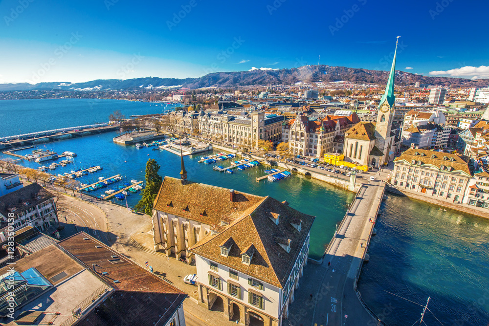 Historic Zürich city center with famous Fraumünster Church, Zürich lake and Limmat river, Switzerland - obrazy, fototapety, plakaty 
