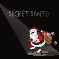 Cartoon Secret Santa background with Santa Claus sneakily delivering gifts while wearing a mask. EPS 10 vector.