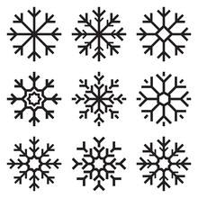 Nine Vector Snowflakes Set On White Background, Winter Icons Silhouette, Element For Your Holiday Design Projects