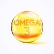 Shiny colored bowl, omega 3, yellow capsule. Yellow bubble, realistic vector illustration