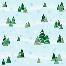 Festive Winter Pattern With Snow-covered Christmas Trees And Snowflakes. Design For Greeting Cards, Gift Wrapping Paper, Christmas And New Year's Background