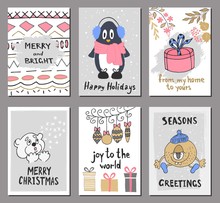 Merry Christmas Greeting Card Set With Cute Penguin, Bear, Gift, Balls And Other Elements. Cute Hand Drawn Holiday Cards And Invitations.