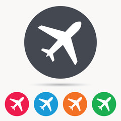 Fototapete - Plane icon. Flight transport symbol. Colored circle buttons with flat web icon. Vector