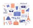 Vector set on the theme of travel , vacation, adventure. Retro 50's style. Hand drawn, travel lettering. Suitcase, bag, camera, clothes and other stuff. Doodles.