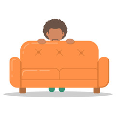 Wall Mural - Icon afro man hiding behind on couch in room flat style. Vector logo character on sofa in cartoon style  illustration.