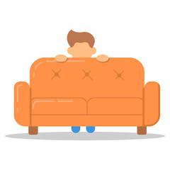 Wall Mural - Icon with fashion hairstyle man fear on couch in room flat style. Vector logo character on sofa in cartoon style  illustration.