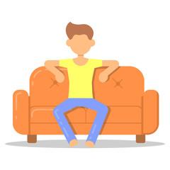 Wall Mural - Icon with fashion hairstyle man relax on couch in room flat style. Vector logo character on sofa in cartoon style  illustration.