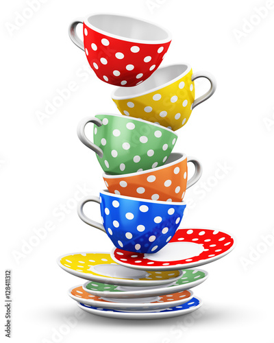 Fototapeta na wymiar Stack of flying color polka dot coffee cups