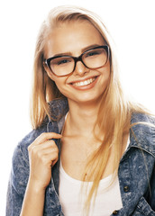 young pretty girl teenager in glasses on white isolated blond ha