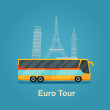 Euro Tour. Passenger Bus On The Background Of The Attractions. Vector Flat Illustration