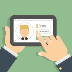 Poster - Login and password. Log in into my profile. Hands holding tablet. Social network account.