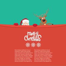 Happy Christmas Reindeer And Santa Cartoon Characters Behind A Billboard