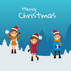 Wall Mural - Merry Christmas. Cute kids playing snowball in winter season. Christmas and Happy New Year. Cartoon Vector Illustration