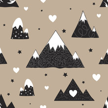 Vector Illustration With Cute Cartoon Seamless Pattern. Black White Mountains, Stars And Hearts