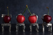 Four red delicious cherries placed on tiny vintage silver chairs on dark background with copy space