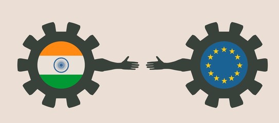 Wall Mural - Web Banner, Header Layout Template. Politic and economic relationship between India and European Union. National flags on cog wheels.