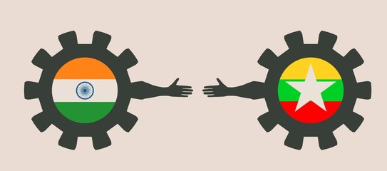 Wall Mural - Web Banner, Header Layout Template. Politic and economic relationship between India and Myanmar. National flags on cog wheels.