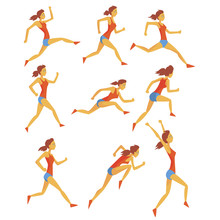 Female Sportswoman Running The Track With Obstacles And Hurdles In Red Top And Blue Short In Racing Competition Set Of Illustrations.
