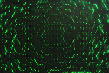 Poster - Abstract green glowing pattern, colorful background of futuristic surface with hexagons. 3d rendering