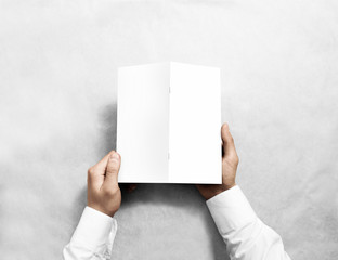 Fototapete - Hand holding blank white brochure mockup, back side view. Booklet cover presentation. Leaflet turnover mock up.