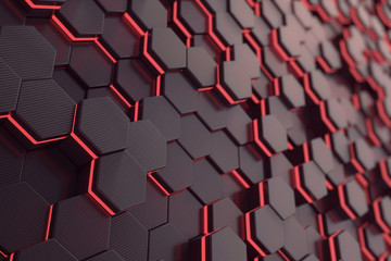 Poster - Red glowing hexagon futuristic background. 3d rendering