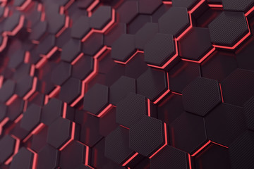 Red glowing hexagon futuristic background. 3d rendering