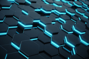 Poster - Abstract blue glowing of futuristic surface hexagon pattern. 3D Rendering