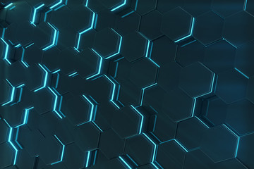 Poster - Abstract blue glowing of futuristic surface hexagon pattern. 3D Rendering