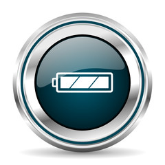 Poster - Battery vector icon. Chrome border round web button. Silver metallic pushbutton.