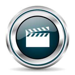 Poster - Video clip vector icon. Chrome border round web button. Silver metallic pushbutton.